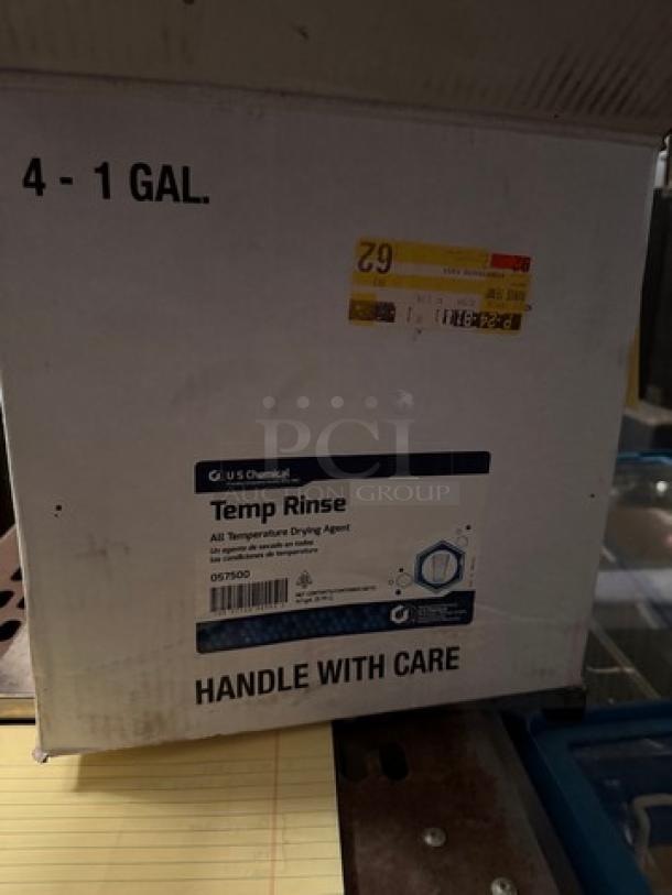 Lot of 3, 1-Gallon Temp Rinse boxes by U S Chemical. All temperature drying agent. Box shows "HANDLE WITH CARE" label.