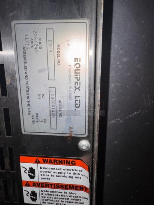 Sodir by EQUIPEX RBE8 Commercial Rotisserie label showing model, serial number, and power specifications.