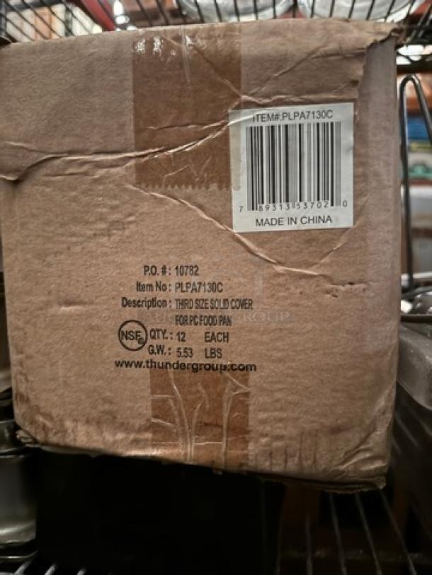 Cardboard box containing Plastic Lid for food pan, item no. PLPA7130C, brand new, third size cover, 12 lids, Thunder Group.