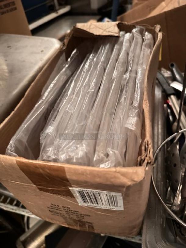 Brand new plastic lids for food pans, model BIDX9, in original packaging, shown in an open cardboard box.