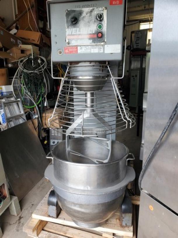 WELBILT W150 Commercial Mixer, Model W150, heavy-duty, stainless steel bowl, protective guard, control panel visible, used condition.
