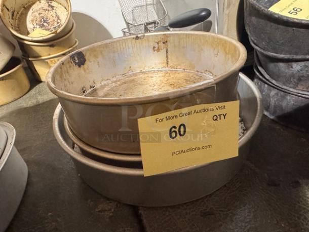 Baking Pan BIDX3, round metal, used condition, visible wear and discoloration, auction tag indicates quantity 60.