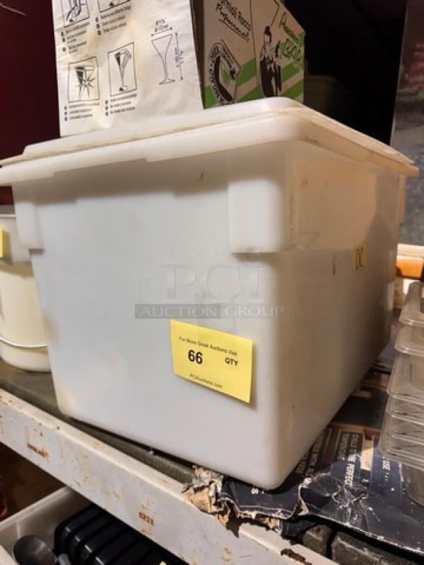 White storage food container with lid, square shape. Label shows "66 QTY". Used condition with slight wear.