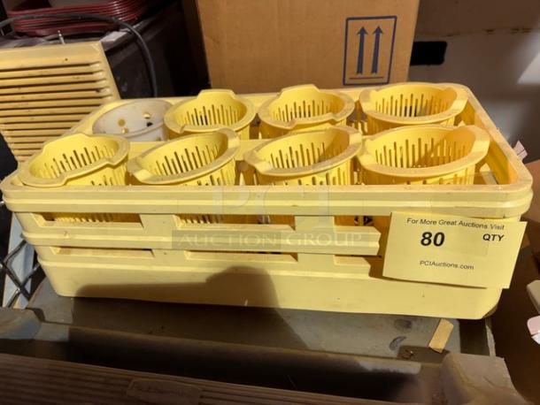 Yellow warewashing rack with 8 compartments for glasses. Label shows quantity of 80. Ideal for commercial kitchens.