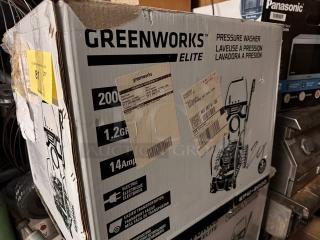 Greenworks Elite Pressure Washer box, brand new, 2000 PSI, 1.2 GPM, 14 Amp, with shipping labels attached.
