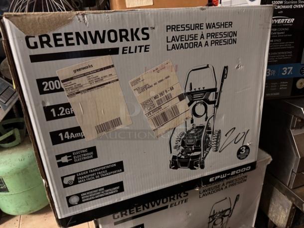 Brand new Greenworks Elite pressure washer in original packaging. Features 2000 PSI, 1.2 GPM, 14 amp motor.