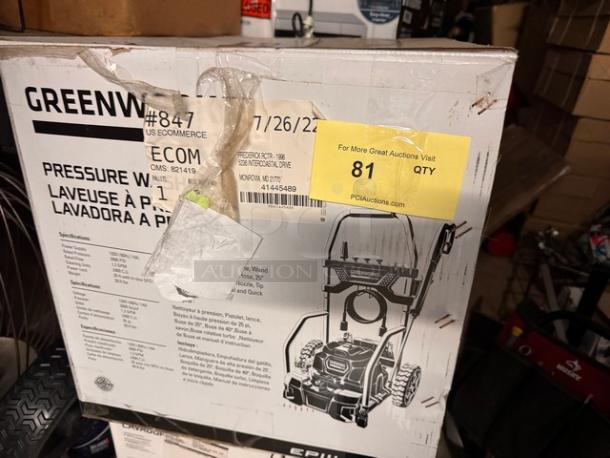 Brand new Greenworks pressure washer in original packaging. Includes model details and shipping information. Box shows no signs of damage.
