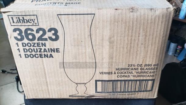 Libbey Hurricane Glasses 23 1/2 oz, 1 dozen set in unopened box. Model 3623. Text and barcode visible on packaging.