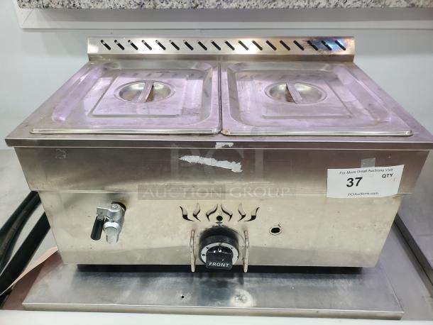 Gas Bain Marie QRTC-2T liquid propane, dual lid, stainless steel, used condition, visible temperature control dial.
