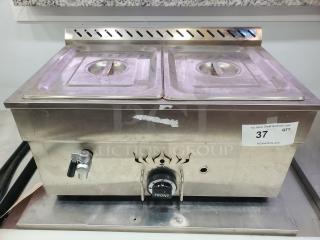 Gas Bain Marie QRTC-2T liquid propane, dual lid, stainless steel, used condition, visible temperature control dial.