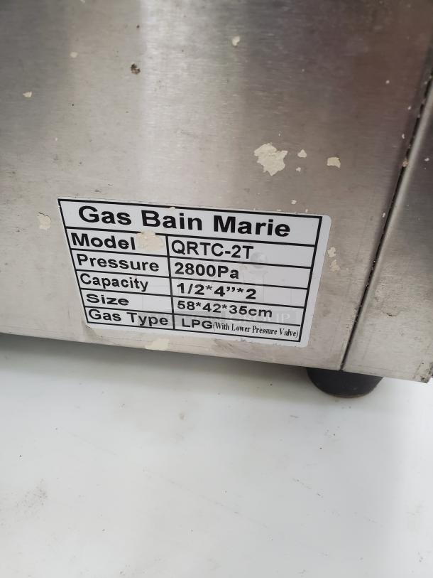 Gas Bain Marie QRTC-2T, liquid propane, 2800Pa, capacity 1/2*4"*2, size 58x42x35cm, visible wear on surface.