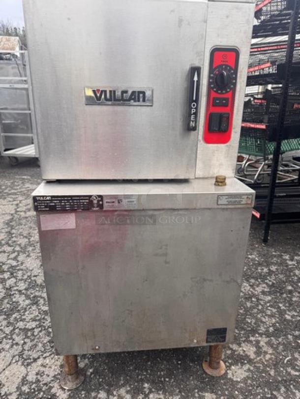 VULCAN C24EA10 electric double-stacked convection steamer, stainless steel, visible dials, used condition.