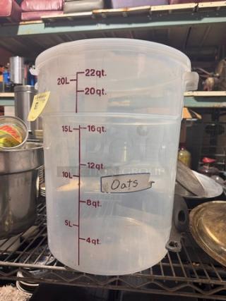 22Qt clear food storage container with red measurement markings up to 22 quarts. Label reads "Oats." Good condition.