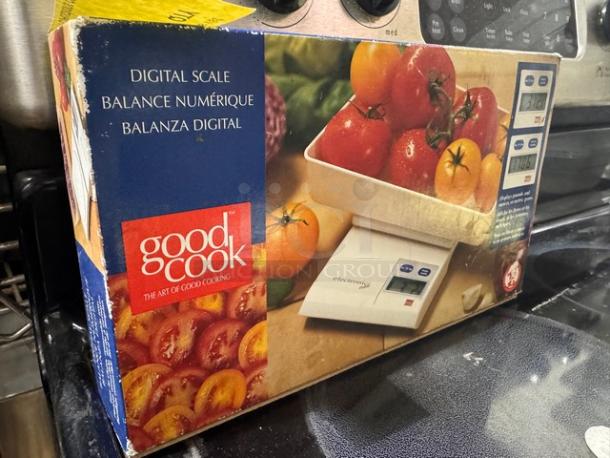goodcook digital scale in original packaging, new condition. Box features images of scale with produce, indicating kitchen use.