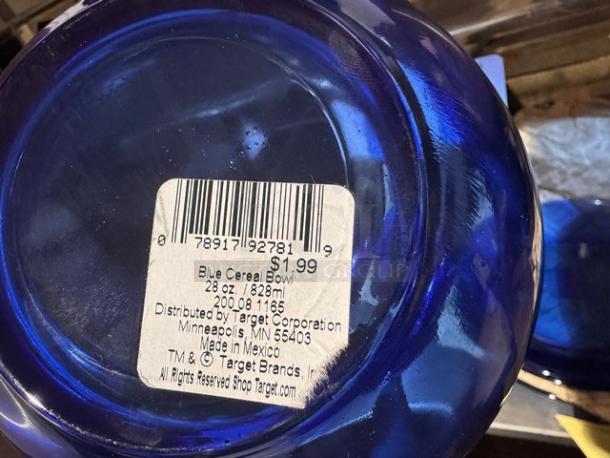 Lot of blue cereal bowls and plates, marked 28 oz/828 ml, Target brand, made in Mexico, good condition.