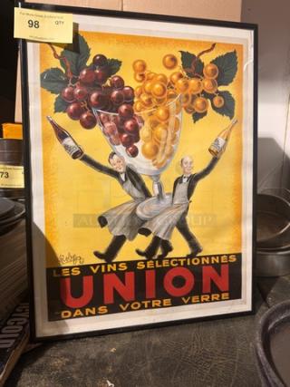 Vintage framed print of "Les Vins Selectionnés Union," featuring two men with wine bottles and grapes, colorful design.
