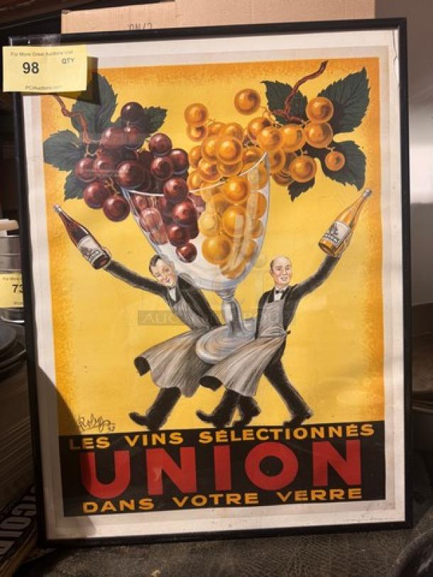 Vintage framed print with vibrant fruit and wine theme. "Les Vins Sélectionnés Union Dans Votre Verre" in bold text. Item tag shows auction lot 98.