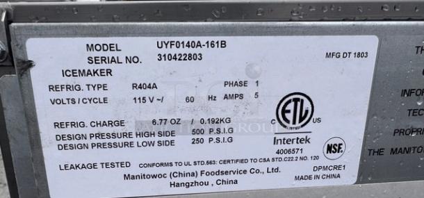 Manitowoc UYF014A-161B Icemaker label, 115V, R404A refrigerant, model and serial number visible, NSF certified.