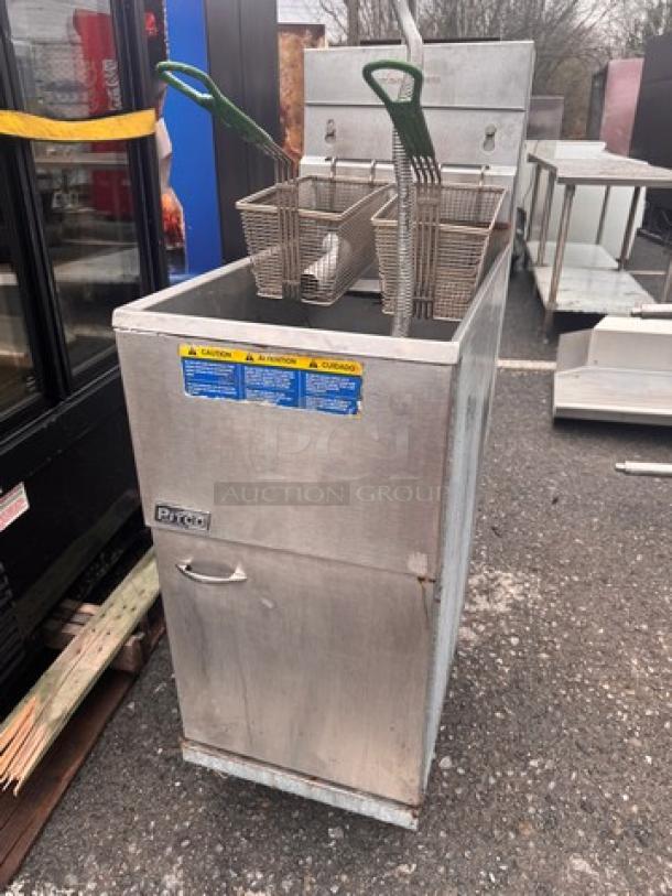 Pitco 35C+S natural gas floor fryer, 35 lbs capacity, includes 2 baskets, stainless steel finish, caution labels visible.