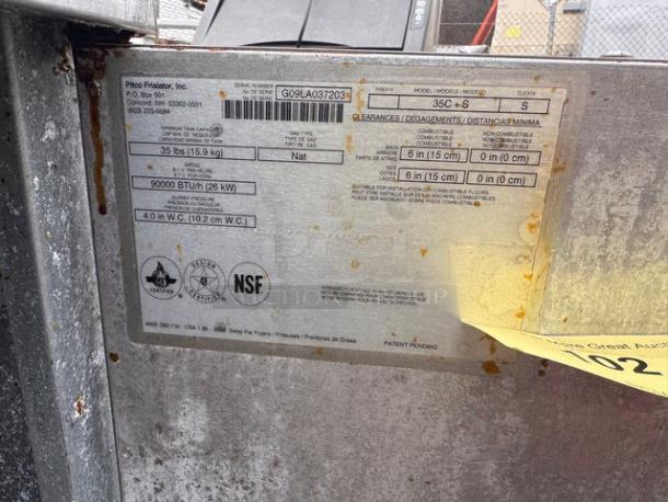 Pitco 35C+S natural gas floor fryer, 35 lbs capacity, dual baskets, 90,000 BTU, NSF certified, used condition.