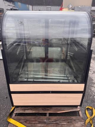 Federal CGR3652 refrigerated display case with curved glass, wood paneling, power connection visible; used condition.