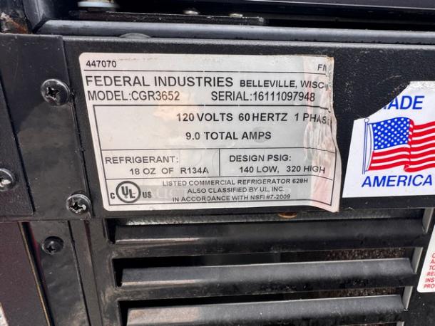 Federal CGR3652 Refrigerated Display Case label, showing 120V, 60Hz, 9.0A, R134A refrigerant, and design PSIG specs.