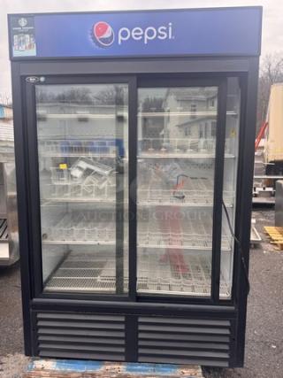 QBD CD45-HC Cooler merchandiser in good condition, featuring glass sliding doors, multiple shelves, and Pepsi branding.