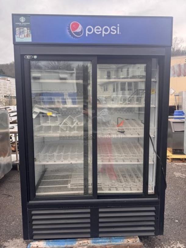 QBD CD45-HC Cooler merchandiser with Pepsi branding, double glass doors, multiple shelves, used condition.