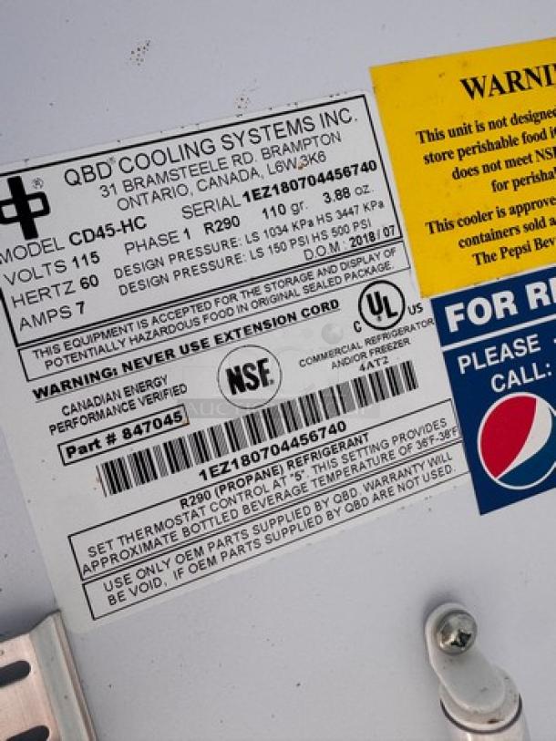 QBD CD45-HC Cooler merchandiser label; model details, UL, NSF certifications, and safety warnings visible.