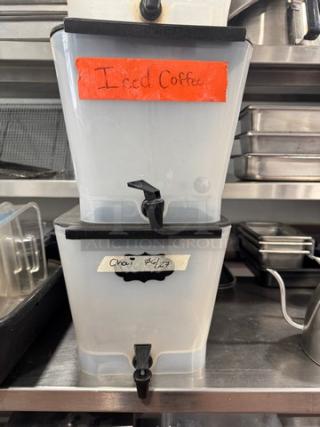 3 Gallon Square Beverage Dispenser BIDX2, dual-tier, clear plastic, labeled for Iced Coffee and Chai. Used condition.