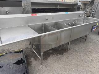 140" stainless steel 4 bay commercial sink with labeled sections, suitable for large kitchens, in used condition.