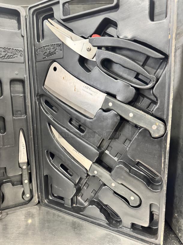 Knife set in case: includes kitchen shears, cleaver, and two knives. "LAZER" brand, stainless steel blades, black handles.