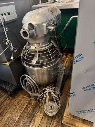HOBART A200 20Qt Commercial Mixer with wire whip and dough hook attachments, in used condition.
