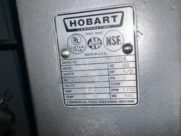 HOBART A200 20Qt Commercial Mixer, model A200, serial 31-1377-D04, includes attachments, UL and NSF listed.
