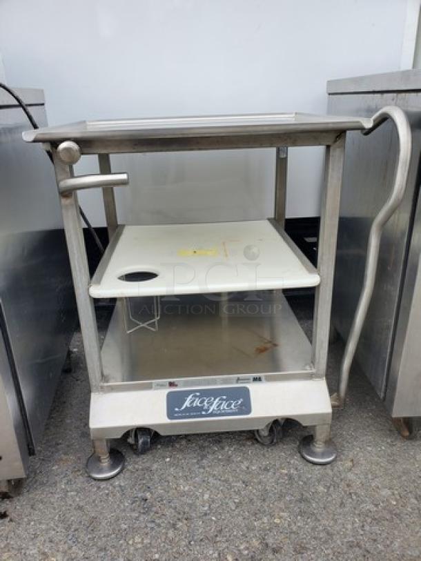 Stainless steel slicer stand/work table with wheels, lower shelf, and handle. Features Licefice branding on the front panel.