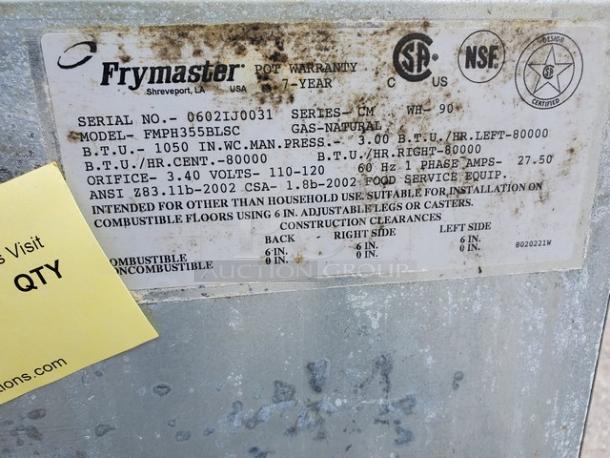 Frymaster FMPH355BLSC NG Fryer, gas-natural, 1050 in. WC, 80,000 B.T.U./hr each side, 3.40 orifice, Series CM, worn condition.
