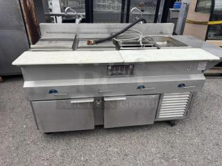 H&K International hot dog steamer stand, stainless steel, good condition, features multiple compartments, dials, and storage.