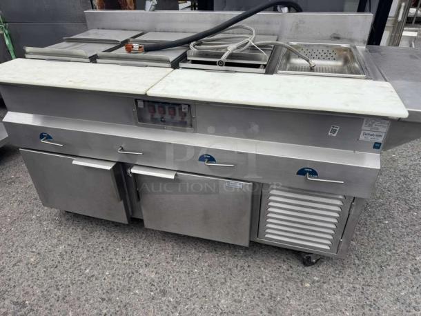 H&K International hot dog steamer stand, stainless steel, multiple compartments, control panel, clean condition.