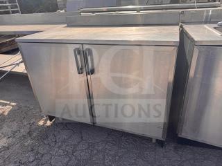 DUKE RUF-48 48" undercounter refrigerator, stainless steel, dual doors, used condition, slight surface wear visible.