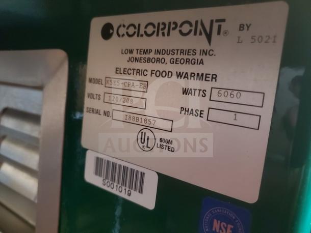 Colorpoint 5 bay steam table, model KSES-CPA-EB, 120/208V, 6060W. Serial I8881857, UL listed, by Low Temp Industries.
