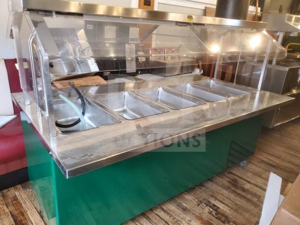 Colorpoint 5 bay steam table, stainless steel, 120V, excellent condition, includes clear sneeze guard and electric cord.