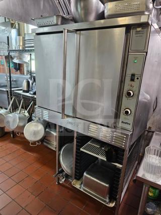 SUNFIRE full-size single deck convection oven, stainless steel, dual doors, control knobs, and vents, in used condition.