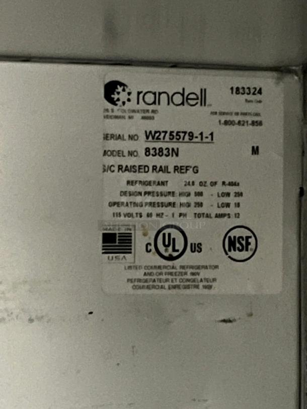 Randall 8383N pizza prep table label, listing model, serial number, refrigerant type, and certification markings.