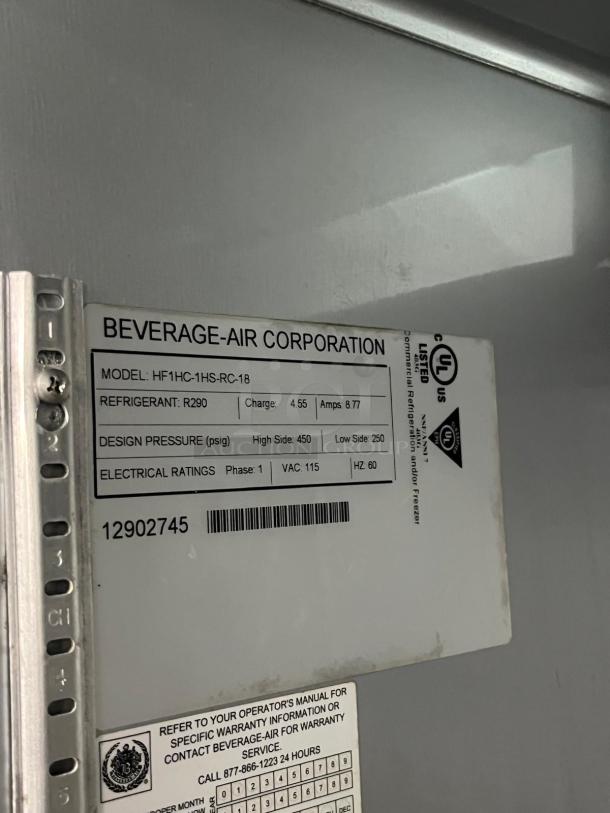 Beverage-Air HF1HC-1HS Horizon Series freezer, 26", 2 right-hinge doors, 115v. UL listed tag with specs visible.