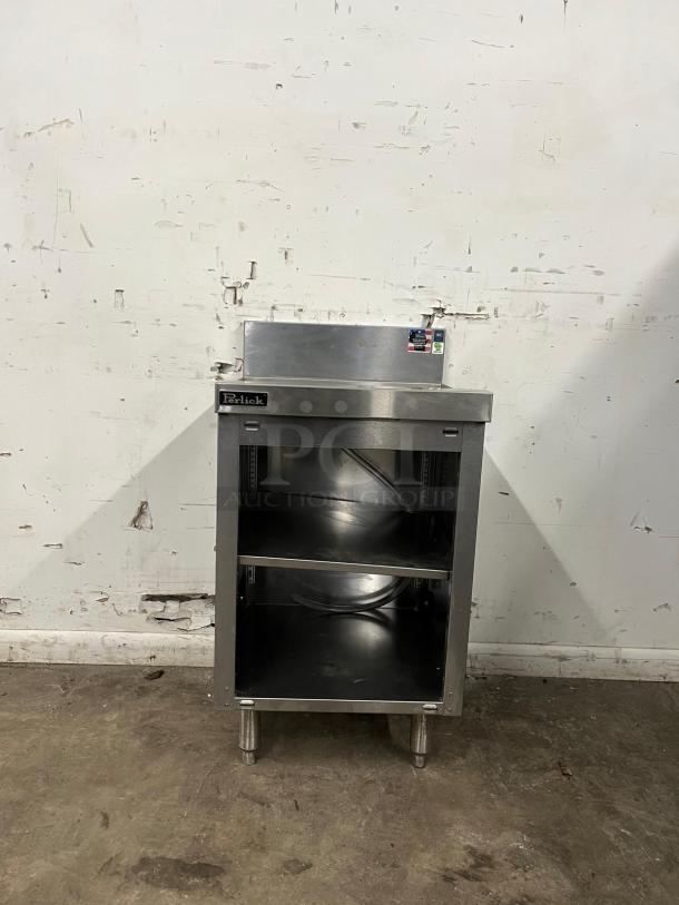 Perlick SC24-18, 24" stainless steel storage cabinet with open base and shelves, in good condition.