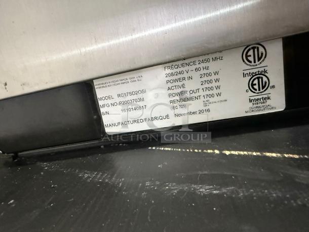 MENUMASTER RC17S2 commercial microwave, 19" heavy volume, 1700W, ETL certified, model and serial numbers visible, manufactured 2016.