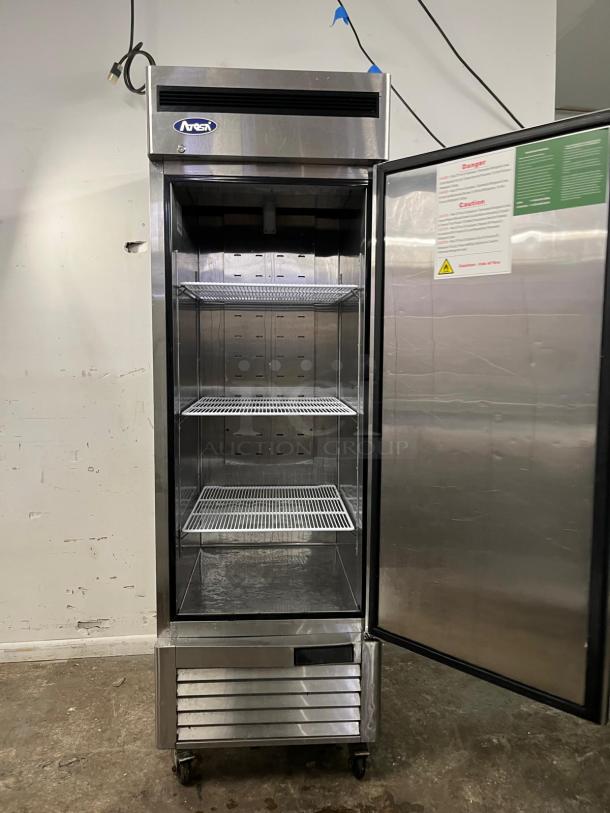 Atosa MBF8505GR 27" stainless steel refrigerator, reach-in, 19.1 cu ft, ENERGY STAR®, door open showing shelves.