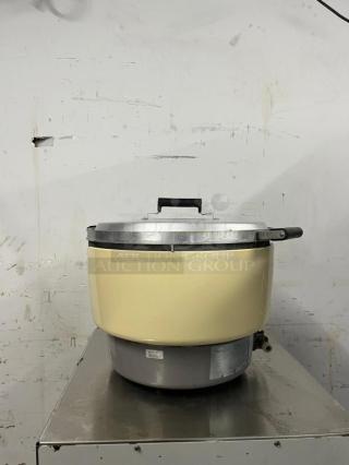 Rinnai RER55ASN 55 Cup Commercial Natural Gas Rice Cooker, metallic finish, visible wear, suitable for high-volume use.