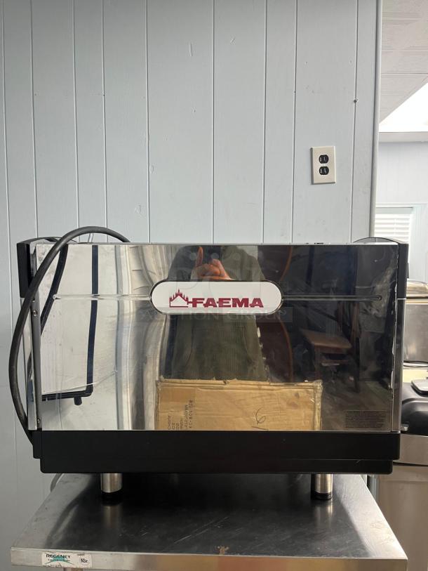 FAEMA E98 RE espresso machine, late model, stainless steel, sleek design, visible brand logo.