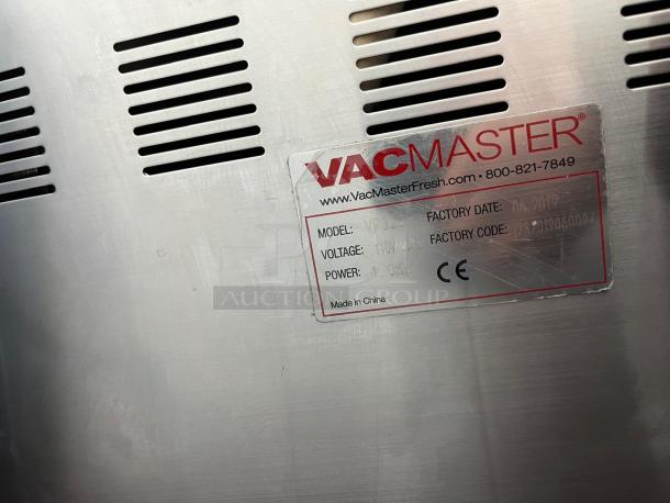 VacMaster VP320 Chamber Vacuum Packaging Machine label showing model, voltage, power, and factory date from 2019.